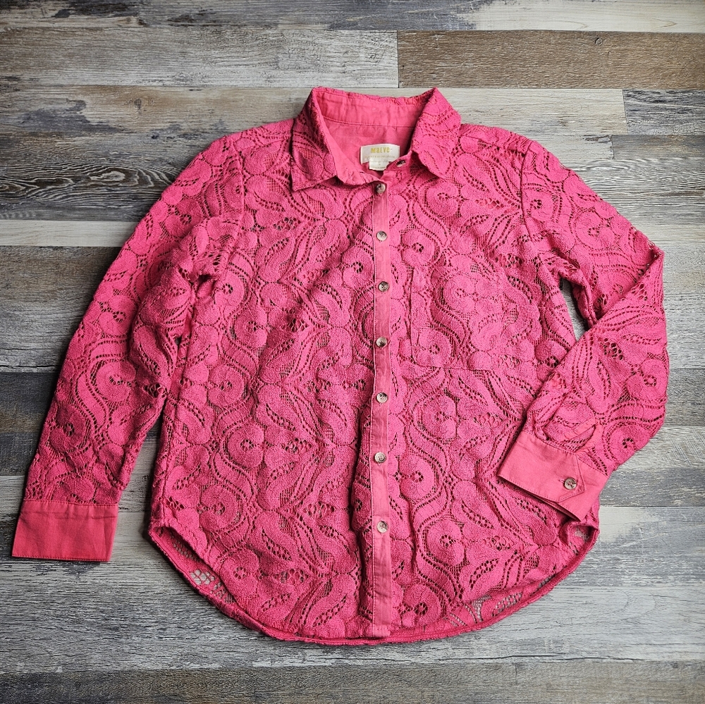 Maeve By Anthro Pink Lace Button Up Blouse Size 2P